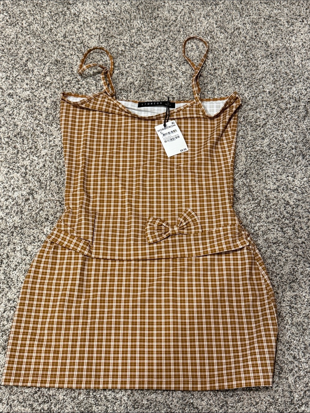 Lioness Chocolate Check Bow-Accent Mini Dress Spaghetti Strap